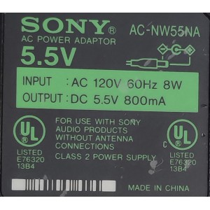 ADAPTADOR AC SONY / NUMERO DE PARTE AC-NW55NA / INPUT: AC 120V 60Hz 8W / OUTPUT: DC 5.5V 800mA	